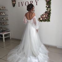 Ball Gown Off the Shoulder Long Sleeves White Tulle Wedding Dress - Thumbnail 1