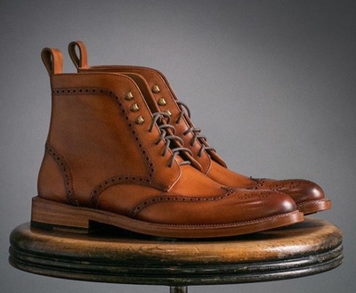 Men's Handmade Ankle High Tan Wing Tip Brogue Leather Lace Up Boot