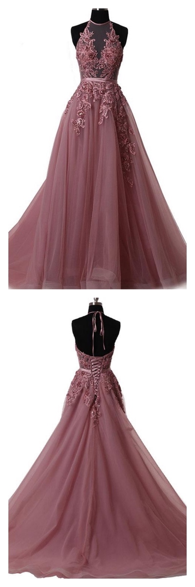 SP1378,2021 Long Sweep Train Halter Dazzling Top Tulle Modest Prom Dress