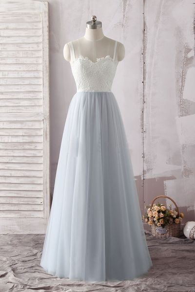 SP1386,A line Tulle White Lace Top Long Sweetheart Neck Prom Dress