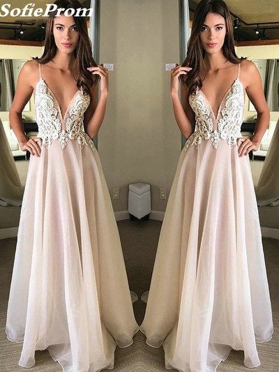 SP1394,Backless Spaghetti Straps A-line Organza Flowy Prom Dress Long,Light Pink V-Neck Wedding Gown,Organza Wedding Dress