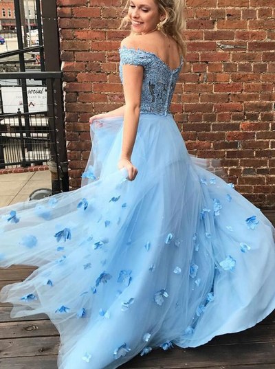 SP1402,Blue Pretty Off the Shoulder Lace Two Piece Long Prom Dress with 3D flowers