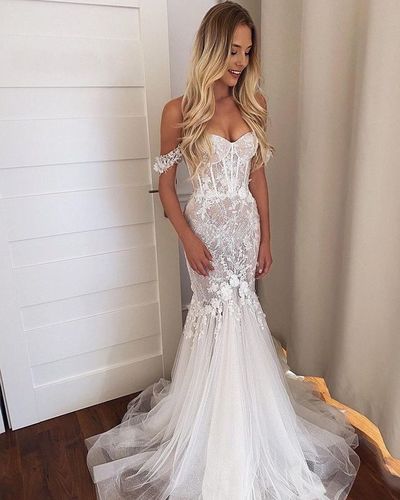Elegant Mermaid Off the Shoulder Tulle Lace Wedding Dresses