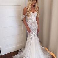Elegant Mermaid Off the Shoulder Tulle Lace Wedding Dresses - Thumbnail 1