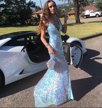 Light Blue Sequins Mermaid V Neck Sparkly Prom Dresses 2021