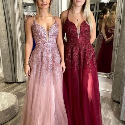 Charming a line v neck spaghetti straps blush lace prom dresses, party dresses - Thumbnail 3