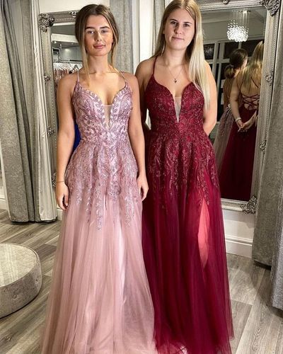 Charming A Line V Neck Spaghetti Straps Blush Lace Prom Dresses, Party Dresses