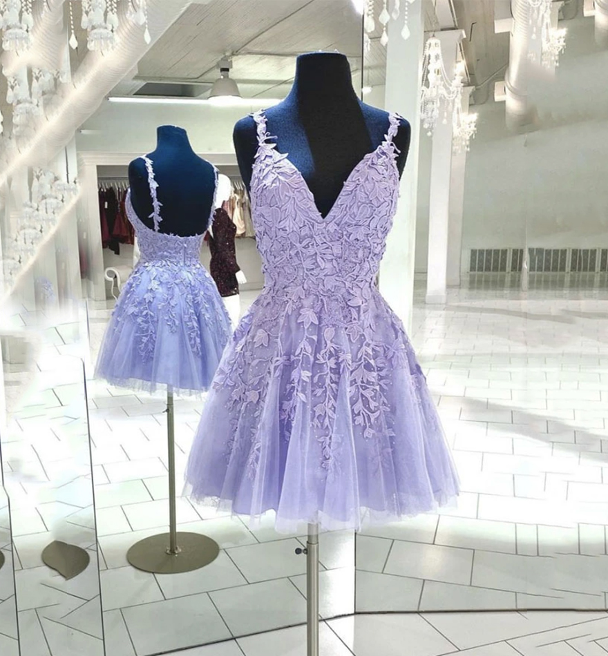 Purple lace short prom dress homecoming dress