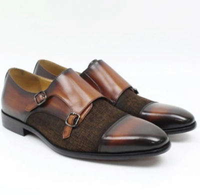 Handmade Men Burnished Brown Double Monk Strap Dress Shoes, Real Leather, Tweed