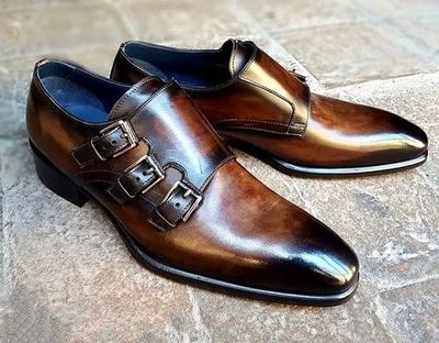 Western Look Two Tone Hand Stitch Triple Monk Strap Genuine Leather Office Shoes