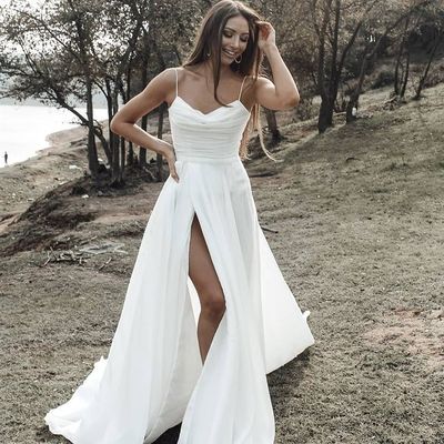 Simple a-line cowl neck white chiffon boho beach wedding dresses with split - Thumbnail 1