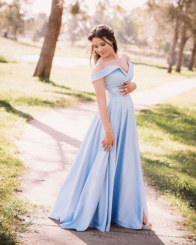 Elegant A-Line Off the Shoulder Sky Blue Long Prom Evening Dresses