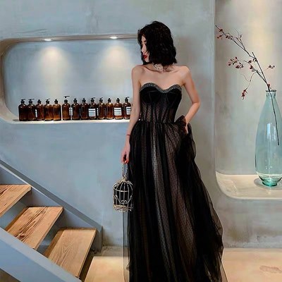 Cute a line sweetheart black dot tulle prom dresses with beading - Thumbnail 3