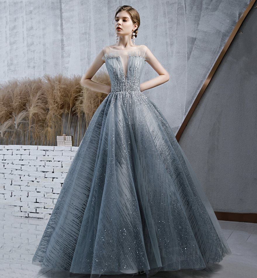 Stylish tulle sequins long prom dress evening dress