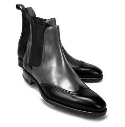 Handmade Men Two tone leather boots, Men designer wing tip leather Chelsea boots