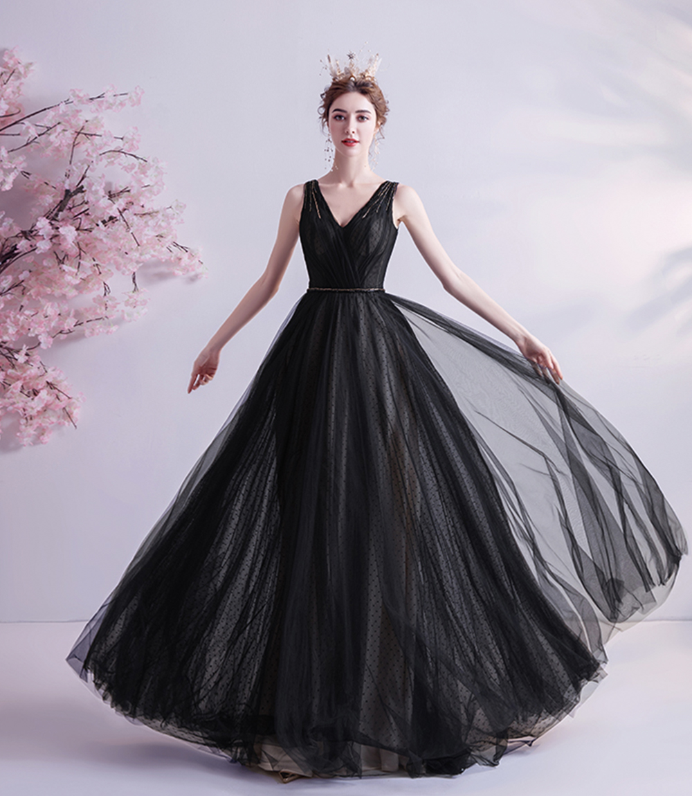 Black v neck tulle beads prom dress evening dress