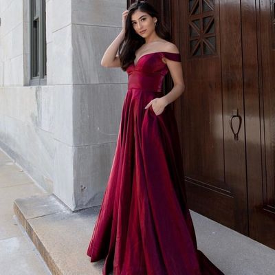 Elegant a line off the shouler burgundy satin long prom dresses with pockets - Thumbnail 4