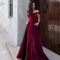 Elegant A Line Off the Shouler Burgundy Satin Long Prom Dresses with pockets - Thumbnail 1