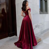 Elegant A Line Off the Shouler Burgundy Satin Long Prom Dresses with pockets - Thumbnail 2