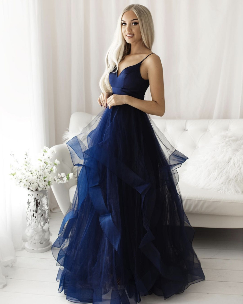 Blue tulle long prom dress blue evening dress