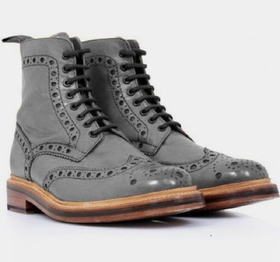 Latest Sale Mens Decent High Ankle Handmade Lace Up Fastening Gray Wingtip Oxfords Boot
