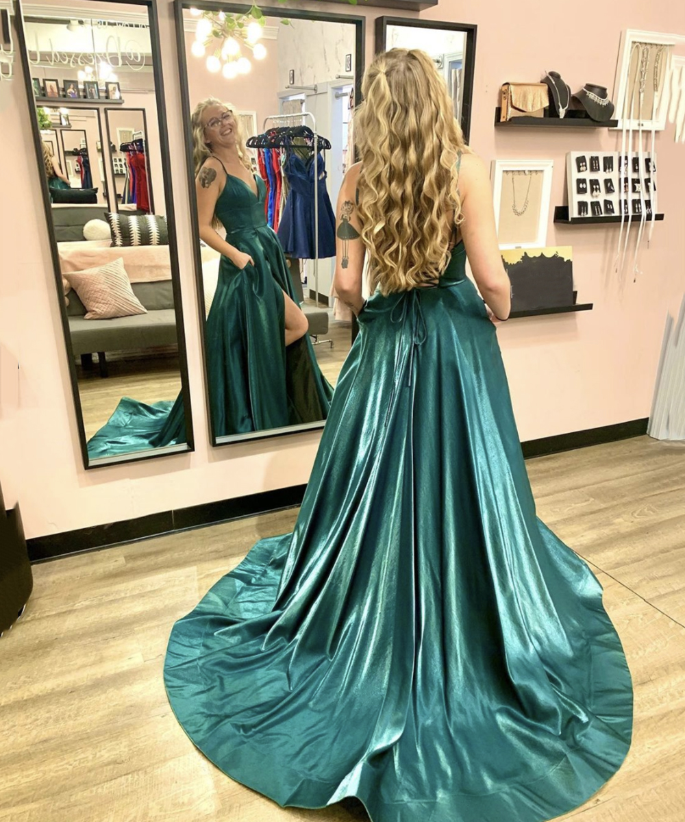 Green satin long prom dress simple evening dress
