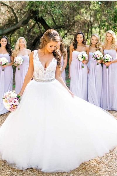 A Line Floor Length Deep V Neck Sleeveless Cheap Wedding Gown Beach Wedding Dress,735