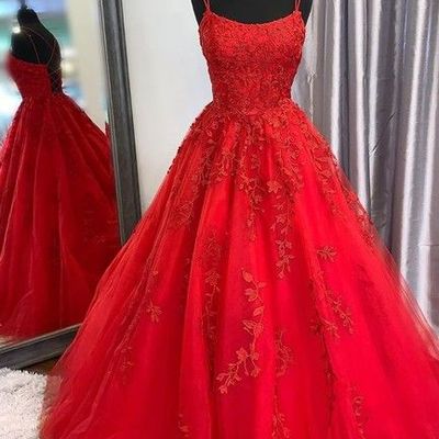 2020 trends red prom dresses, cute scoop neck straps red prom gowns - Thumbnail 4