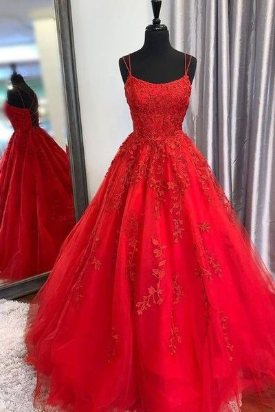 2020 Trends Red Prom Dresses, Cute Scoop Neck Straps Red Prom Gowns