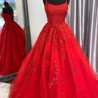 2020 Trends Red Prom Dresses, Cute Scoop Neck Straps Red Prom Gowns - Thumbnail 1