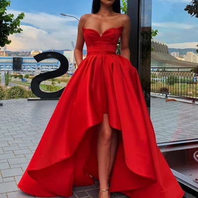 A line sweetheart red satin high low prom dress, red party dresses - Thumbnail 4