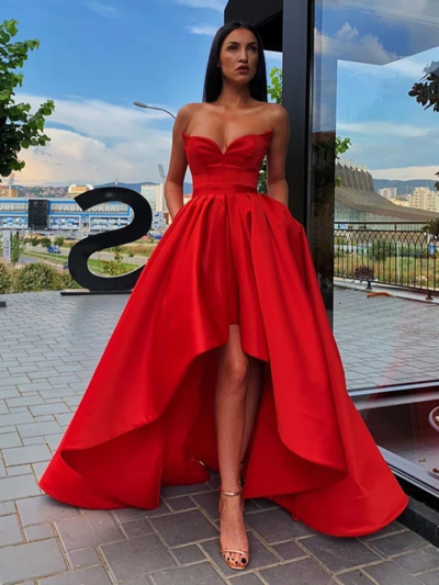 A Line Sweetheart Red Satin High Low Prom Dress, Red Party Dresses