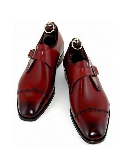 Handmade Men's Leather Red Colored Single Buckle Monk Straps Fashion Shoes