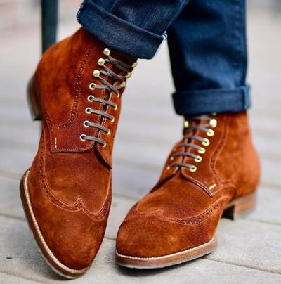 Men Handmade Brown Suede Wingtip Stylish Lace Up Men's Boots
