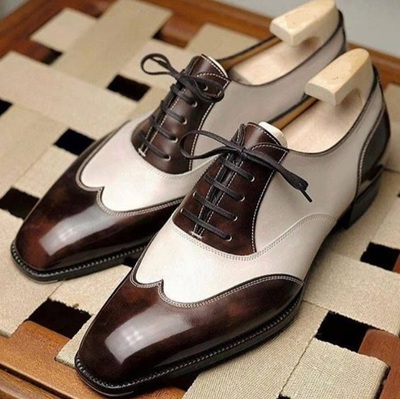 Men Shoes White Brown Leather Color Combination Of Handmade Men's Wingtip Lace Up Formal Shoes