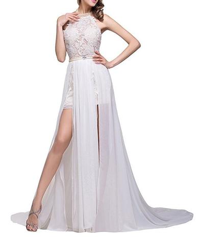 2020 Chiffon Appliques Evening Party Dresses,Halter Beaded Formal Prom Gown Long Beach Wedding Dress,752