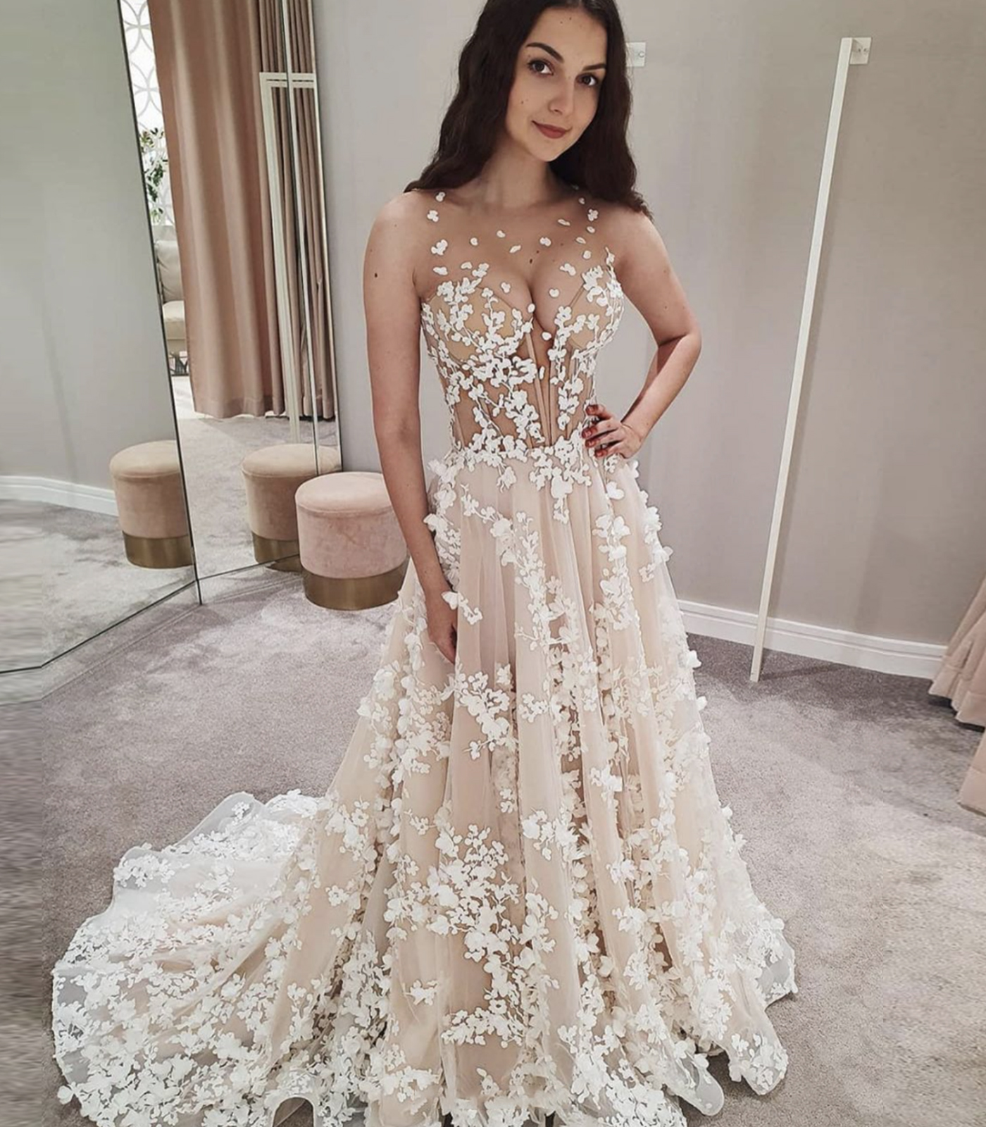 Champagne tulle lace long prom dress evening dress