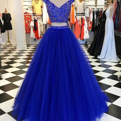 Ball gown v neck cap sleeves two piece royal blue prom dresses with beading - Thumbnail 5
