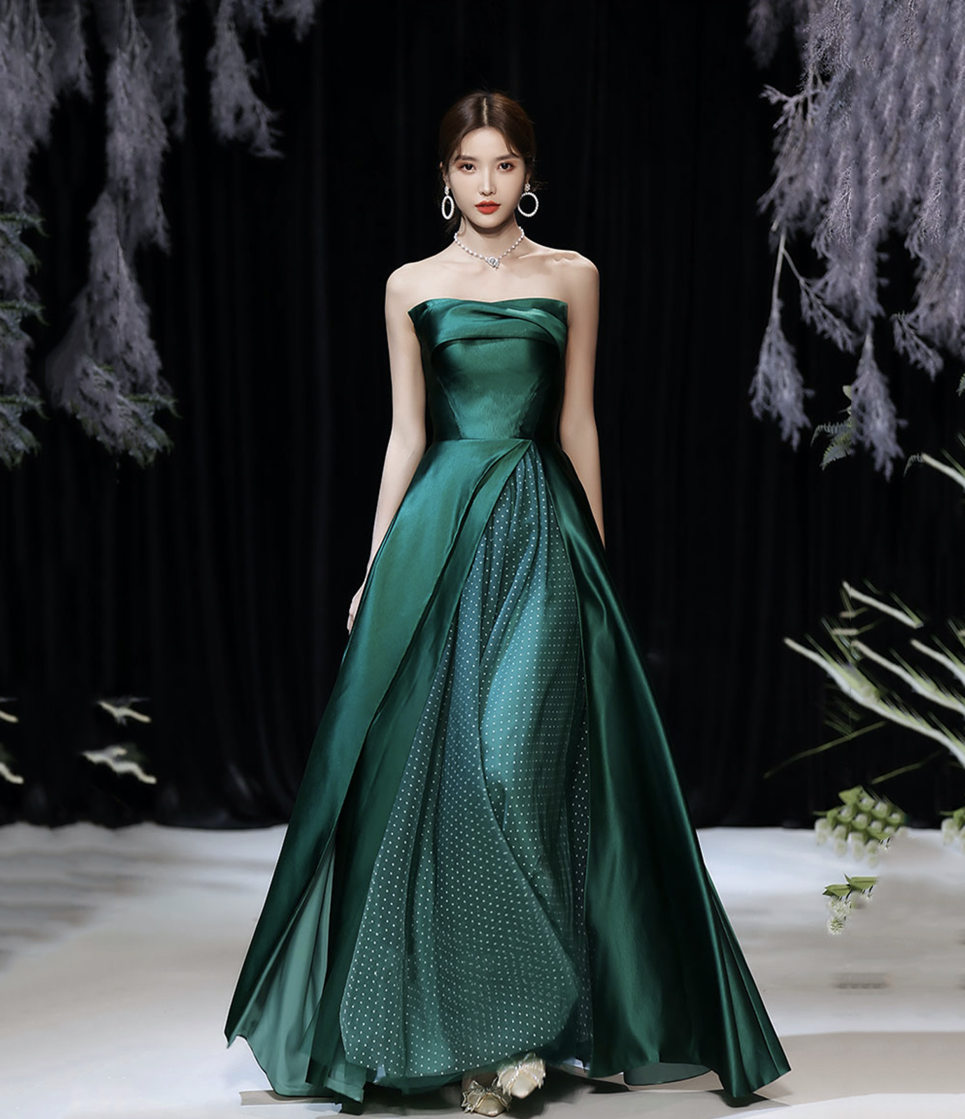 Green satin long prom dress evening dress
