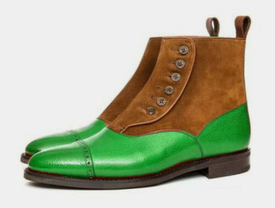 Handmade New Men Green Leather Oxford Cap Toe Button Ankle Boot