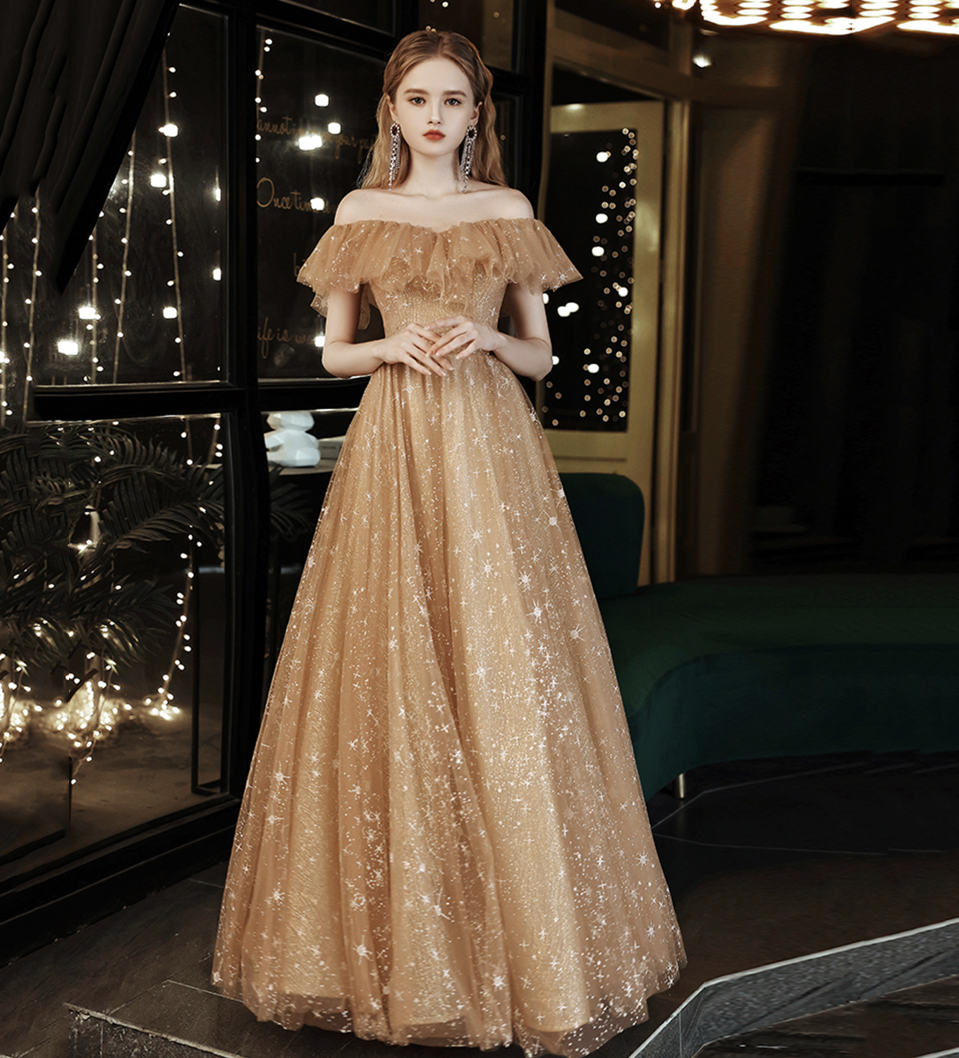 Gold tulle sequins long prom dress evening dress