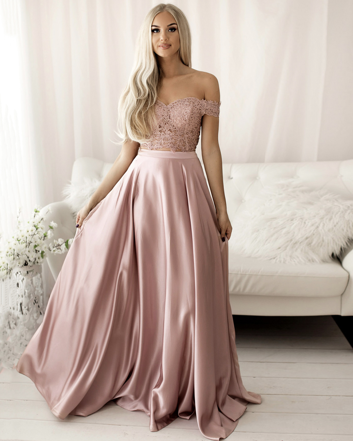 Pink lace long prom dress two pieces evening dress