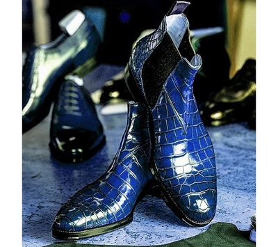 Handmade Men Blue Alligator Texture Chelsea Boots, Winter Ankle Boots
