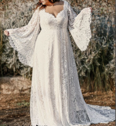 Plus Size Boho Wedding Dress,Wedding Dress for Curvy Bride,Plus Size Long Sleeves Bohemian Wedding Dress,657