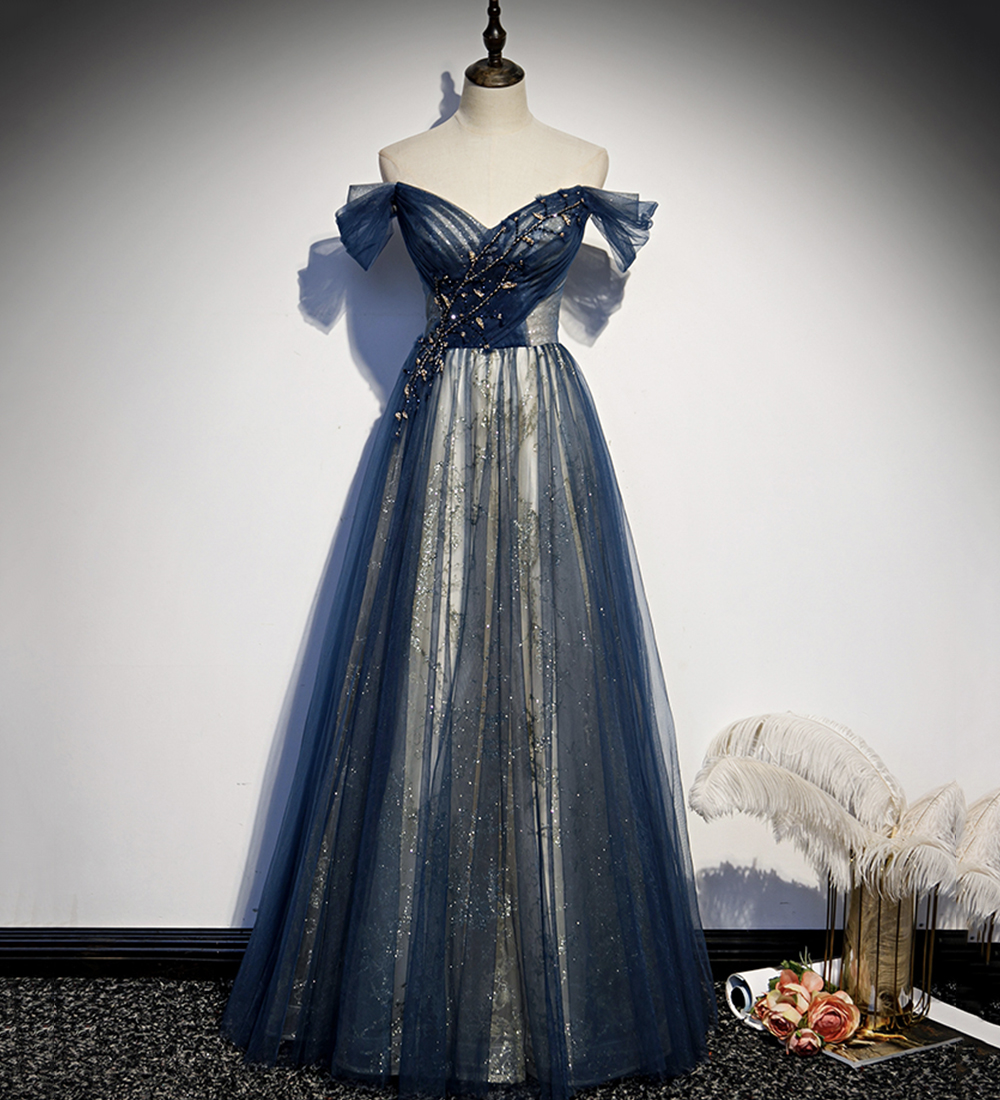 High quality A line tulle long prom dress blue evening dress