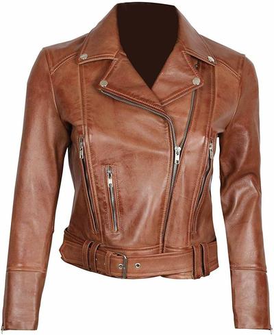 Women Genuine Lambskin Real Leather Jacket Premium Brown Belted Biker Coat