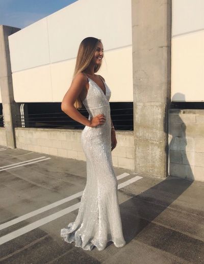 Sexy Mermaid V Neck Backless Ivory/ Red Sequins Prom Dresses, Evening Party Dresses