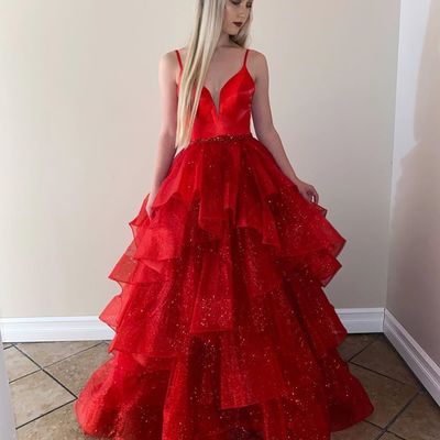 Cute sparkly ball gown red ruffled tulle prom dresses - Thumbnail 5