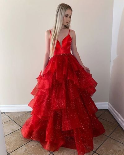 Cute Sparkly Ball Gown Red Ruffled Tulle Prom Dresses