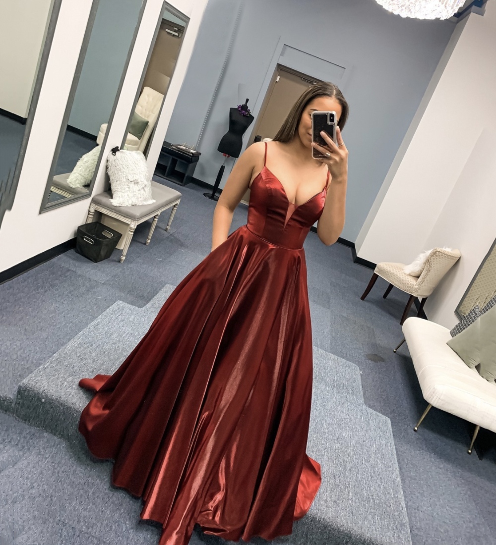 Burgundy satin long prom dress simple evening dress